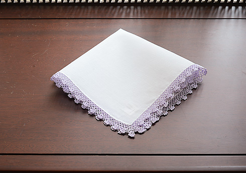 Cotton handkerchief. Lavender Fog colored Lace Trimmed.